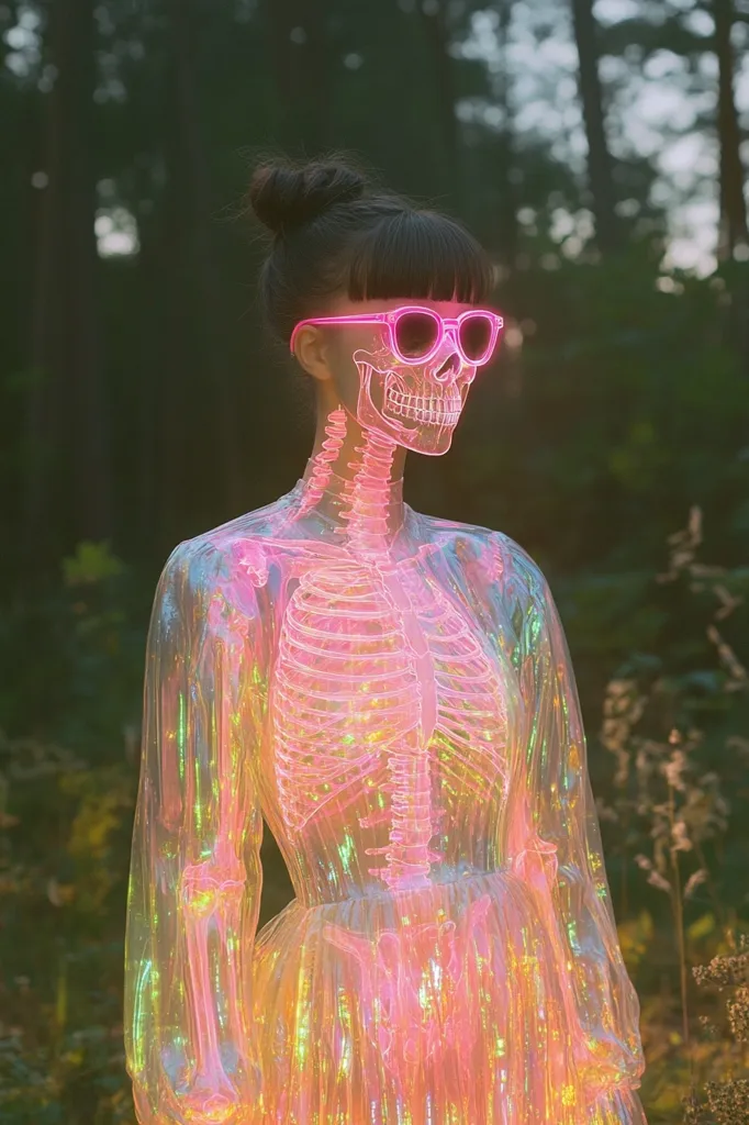 A woman with a bun and a holographic dress stands in front of a blurred forest background. The dress is shimmering and translucent, revealing a glowing pink skeleton underneath. She wears pink sunglasses that also appear to be glowing. The overall aesthetic is surreal and futuristic, with a touch of darkness.