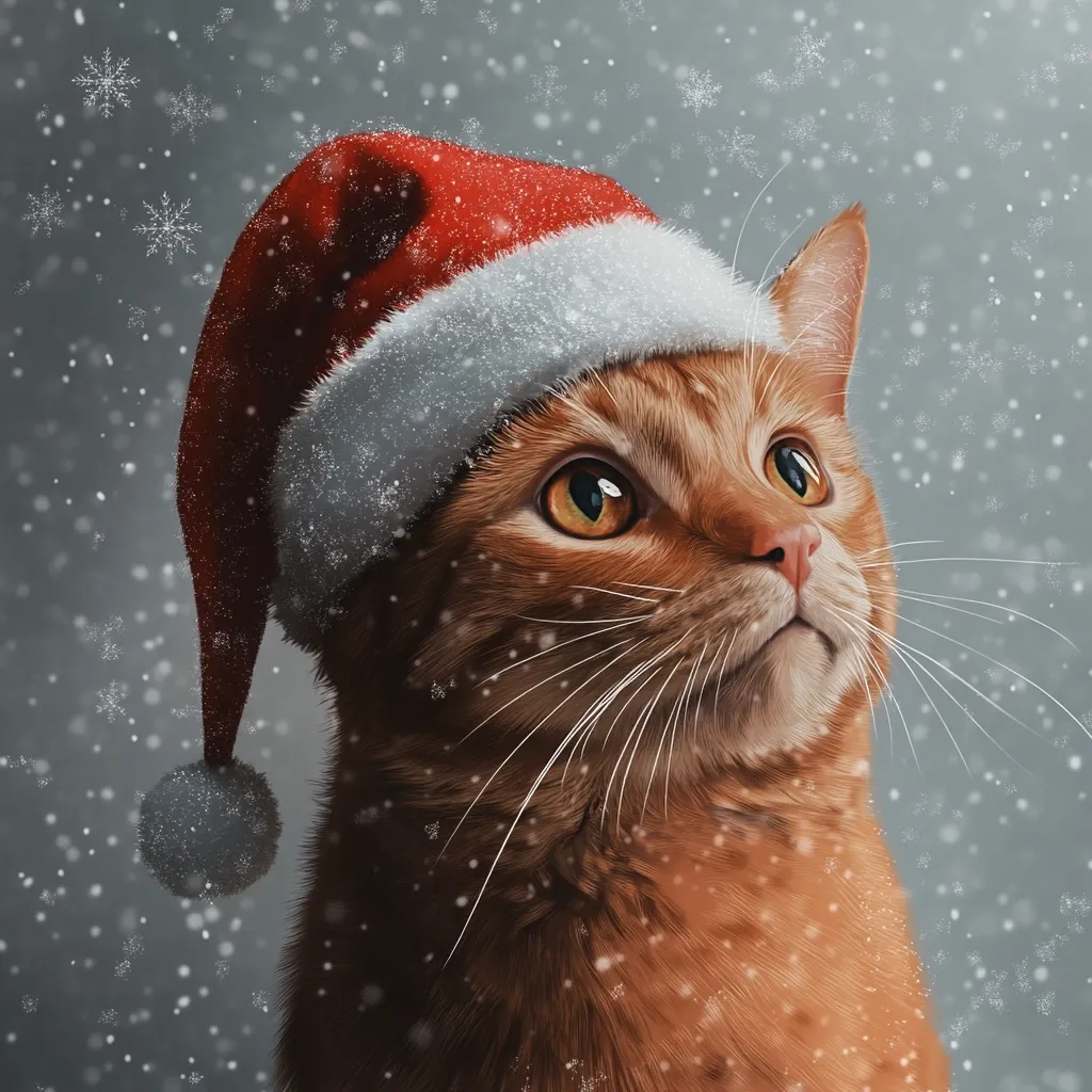 A ginger cat with bright green eyes, wearing a red Santa hat with a white fur trim, gazes upwards in a snowstorm. The cat is facing to the right of the image, with its head tilted upwards. The background is a soft blue-grey, with a light dusting of white snowflakes. The cat's fur is a vibrant orange, with white markings on its chest and paws. Its whiskers are long and prominent.
