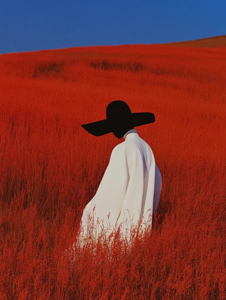 A lone figure in a white robe and wide-brimmed black hat stands in a field of tall, red grass. The figure's back is turned to the viewer, creating a sense of mystery. The contrasting colors of the red grass and white robe create a striking visual effect. The blue sky in the distance provides a sense of depth and vastness.  The image evokes a feeling of solitude and contemplation.