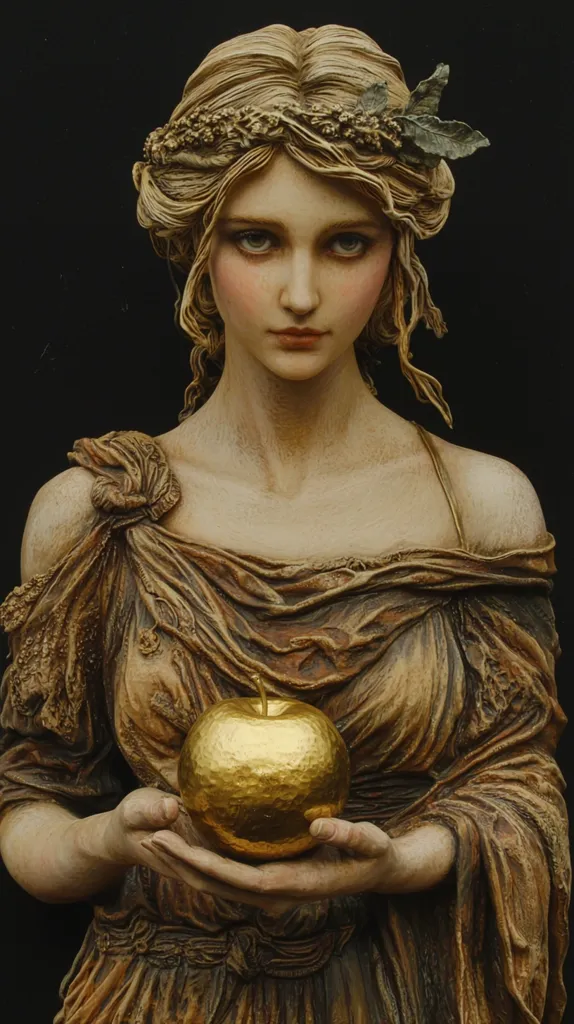 A sculpted bust of a woman, possibly a goddess, with long flowing blonde hair adorned with a floral crown. She wears a flowing robe and holds a golden apple in her hands. The sculpture is highly detailed, capturing the woman's delicate features and the texture of her clothing and the apple. The image evokes a sense of classical beauty and mythology.