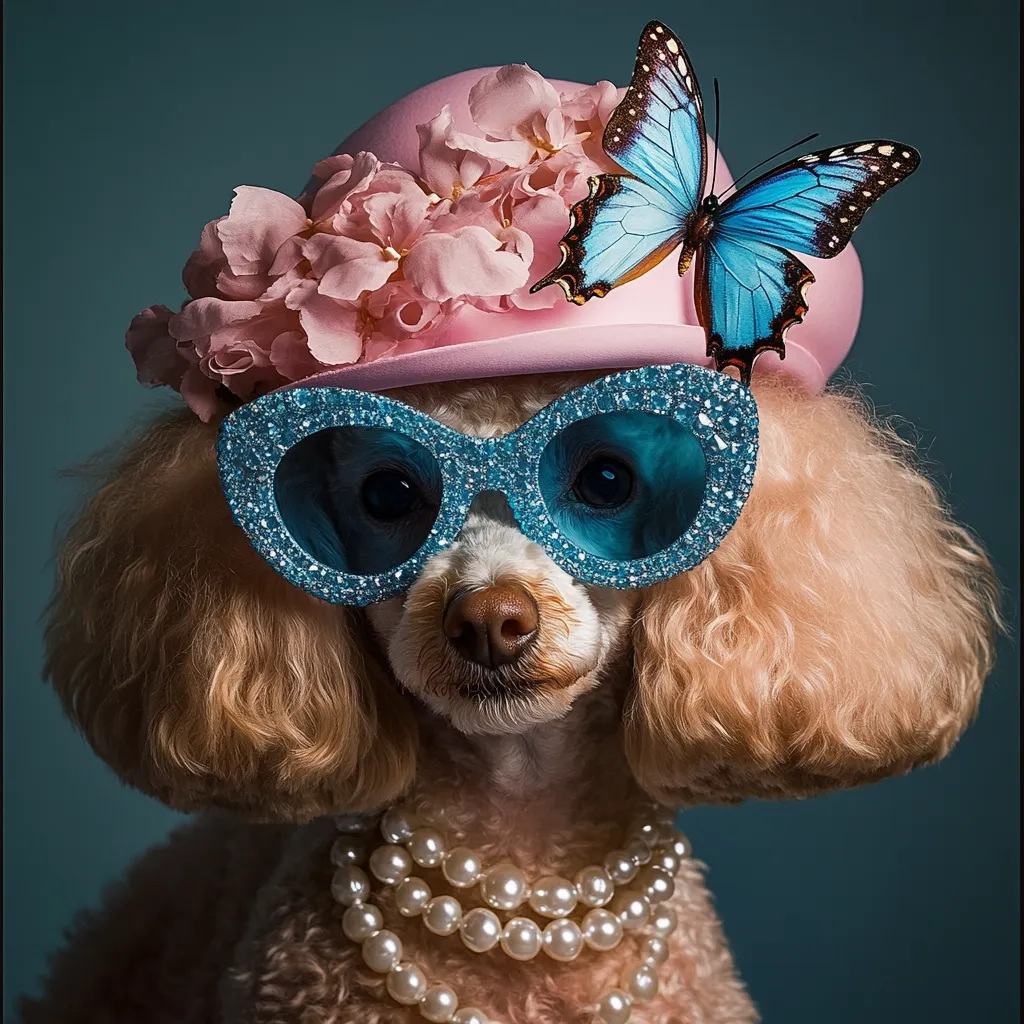 A small, light-brown poodle is wearing a pink hat adorned with pink flowers and a blue butterfly. The poodle is also sporting a pair of sparkly blue sunglasses and a pearl necklace. The background is a simple, solid blue color. The poodle's expression is serious and confident, and it is clear that this dog is a fashionable and stylish individual.
