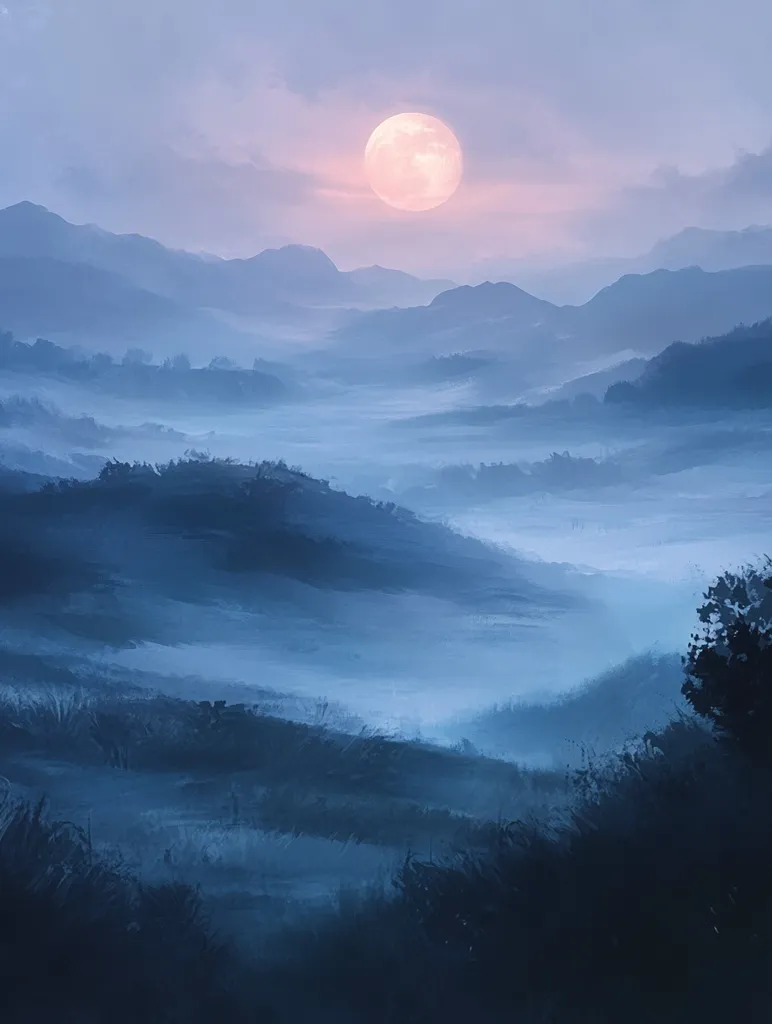 A large, full moon hangs in the sky above a misty, mountainous landscape. The hills are shrouded in a soft, ethereal haze, giving the scene a dreamlike quality. The sky is a pale blue, tinged with pink from the setting sun, and the moon casts a soft, warm glow on the scene. The image evokes a sense of tranquility and peace.