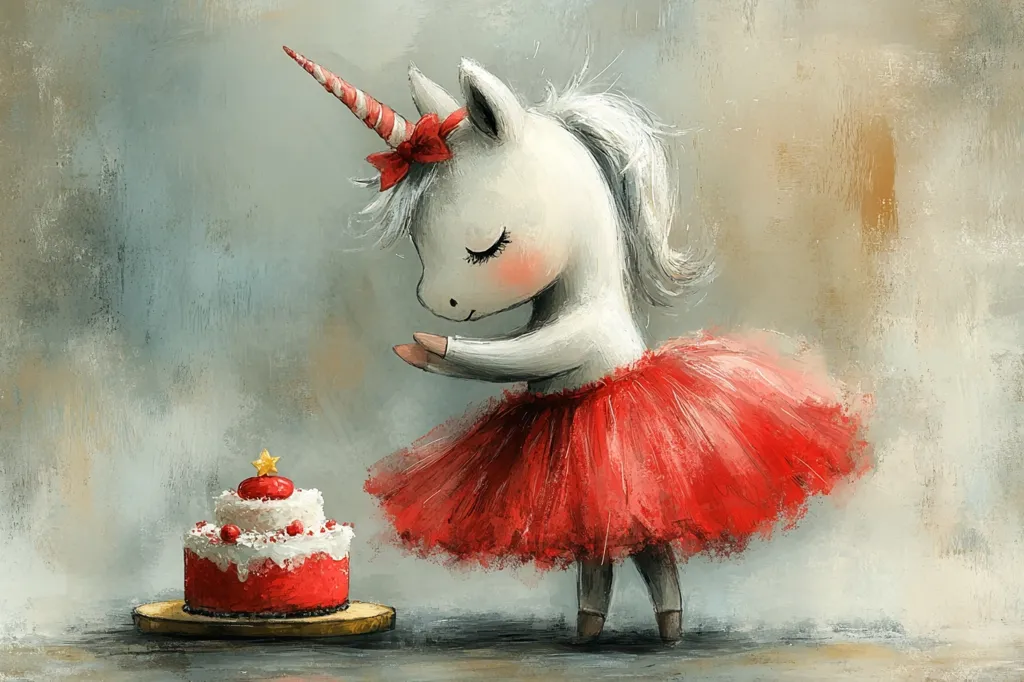 A white unicorn wearing a red tutu and a red bow stands in front of a red and white cake. The unicorn has its eyes closed and its horn is pointing towards the cake. The painting is done in a whimsical style with soft brushstrokes and a light background.