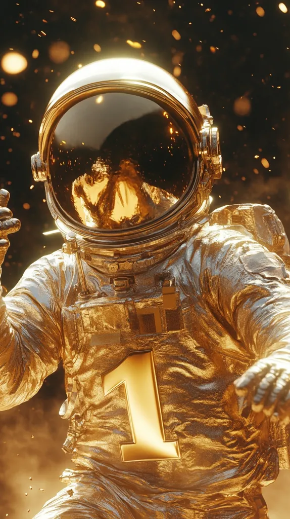 The image shows a golden astronaut with a large "1" on their chest. Their helmet is reflective and shows a blurry image of a person. The astronaut is standing in a cloud of glowing particles, creating a hazy background. The image has a futuristic and slightly ominous feel.