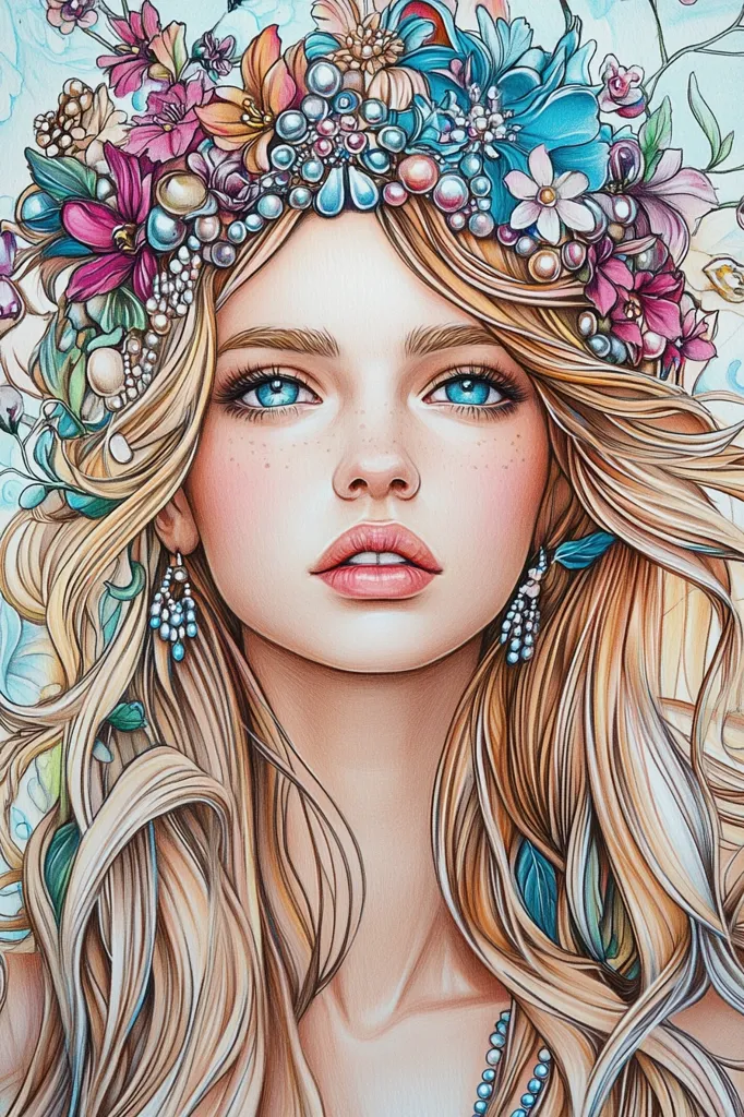A beautiful woman with long blonde hair is wearing a delicate crown of flowers and pearls. Her blue eyes are soft and captivating, and her skin is flawless. She appears to be a mythical being, perhaps a fairy or a nymph. Her hair is meticulously drawn, and her expression is serene and ethereal. The details of the crown and the earrings add to the overall elegance of the image.