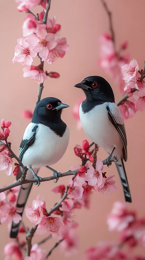 Two small black and white birds with red eyes are perched on a branch of a blossoming pink cherry tree. The delicate flowers are in full bloom, creating a vibrant contrast with the birds' plumage. The background is a soft, pale pink, adding to the romantic and serene atmosphere of the scene.