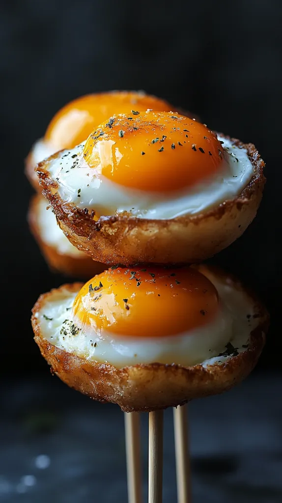 Three fried eggs are stacked on top of each other, impaled on three wooden skewers. The eggs are cooked sunny-side up, with bright yellow yolks and crispy edges. They are seasoned with black pepper and herbs. The image captures the detail of the golden yolks and the crispy edges, with a dark background highlighting the food. The image is inviting and delicious looking.