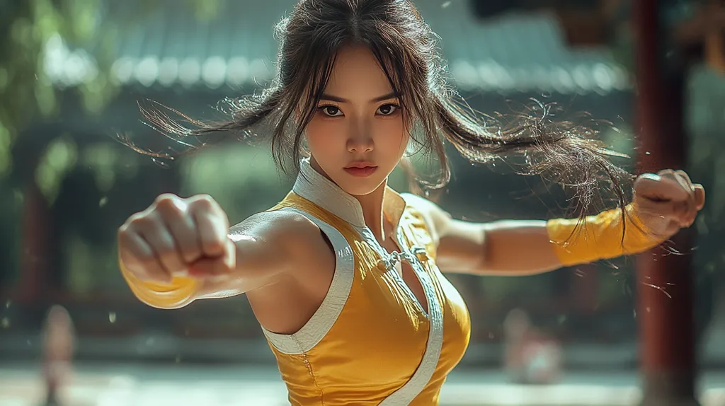 A young woman with long black hair, wearing a yellow and white top, stands in a fighting stance with her fists clenched. Her expression is fierce and focused, and her hair is blowing in the wind. The background is out of focus, suggesting she is in the middle of a fight or a training session. Her strong posture and intense gaze show her determination and power.