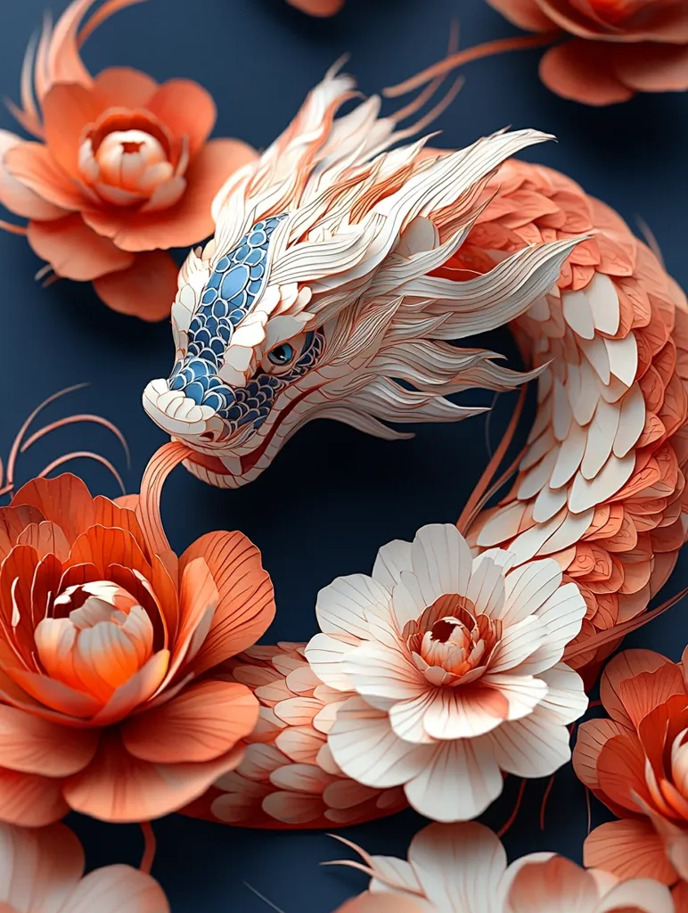 A papercraft dragon curls around a cluster of delicate, origami flowers. The dragon's scales, meticulously crafted, shimmer with a gentle orange hue. The flowers, in shades of white and coral, add a touch of elegance to the composition, creating a harmonious blend of nature and art. The dragon's piercing blue eye and the intricate detailing of its scales showcase the artist's skill and patience. The overall effect is one of delicate beauty and intricate craftsmanship.