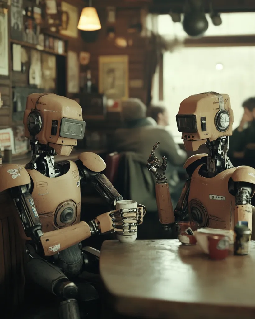 Two robots, with tan, mechanical bodies and heads, sit at a wooden table in a dimly lit cafe. The robot on the left is holding a white cup and looking towards the robot on the right, who is gesturing with its right hand. They are having a conversation while a human sits in the background. The cafe has a rustic, industrial feel with exposed wood beams and shelves lined with items. The robots are facing the camera, their bodies and heads taking up the majority of the image. The background is blurred, drawing attention to the robots in the foreground.  The image is a captivating glimpse into a possible future where robots interact in everyday settings.