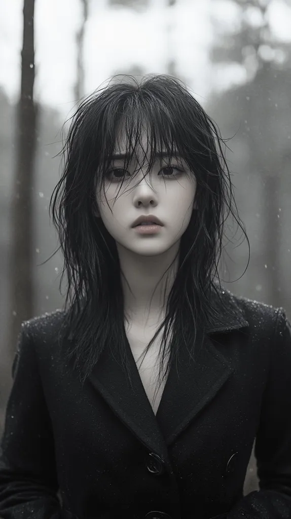 A young woman with long, dark hair stands in a blurry, grey background. Her hair is wet and plastered to her face. She is wearing a black coat and has a serious expression. Her eyes are dark and her lips are slightly parted. The image is taken from a slightly low angle. The overall tone of the image is somber and moody.