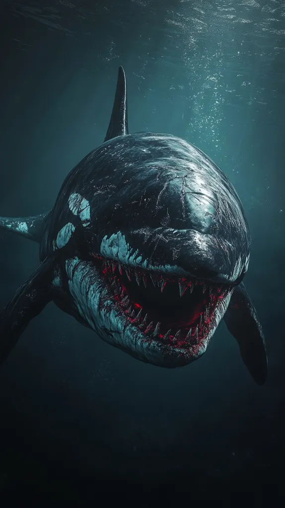 A large, menacing shark with a gaping maw full of sharp teeth is swimming through dark, murky water. The shark's body is dark gray and covered in scales, and its eyes glow red in the darkness. The water around the shark is filled with bubbles, suggesting that it is moving quickly. The image creates a sense of danger and suspense, as the shark appears to be about to attack.