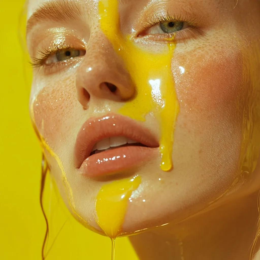 A styled shot of a white woman with solid bright yellow liquid running down her face, beauty shot, vibrant solid yellow color, glossy finish, beauty magazine quality --ar 1:1 --v 6.1