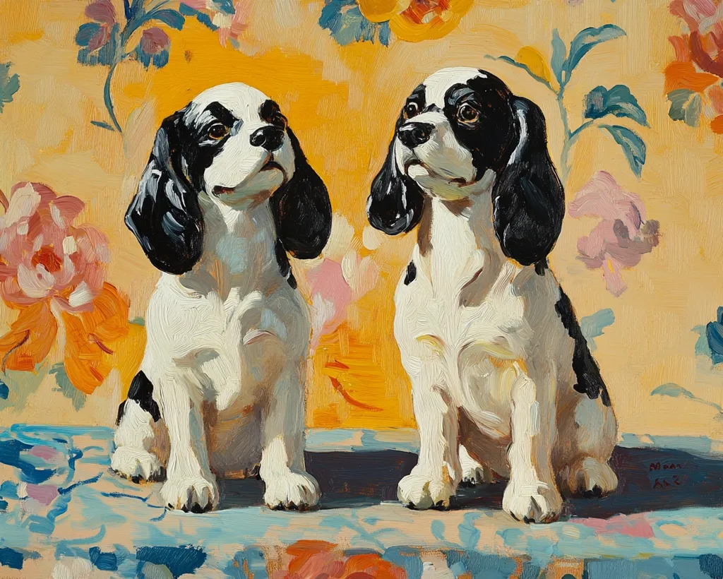 Two black and white dogs with floppy ears are sitting on a blue rug. The dogs are looking up with their heads tilted to the side. They are posed in a relaxed manner, and their eyes are filled with curiosity. The background is a yellow and orange floral patterned wallpaper.  The painting is done in a realistic style, and the dogs' fur is depicted with great detail. The overall impression of the painting is one of warmth and contentment.