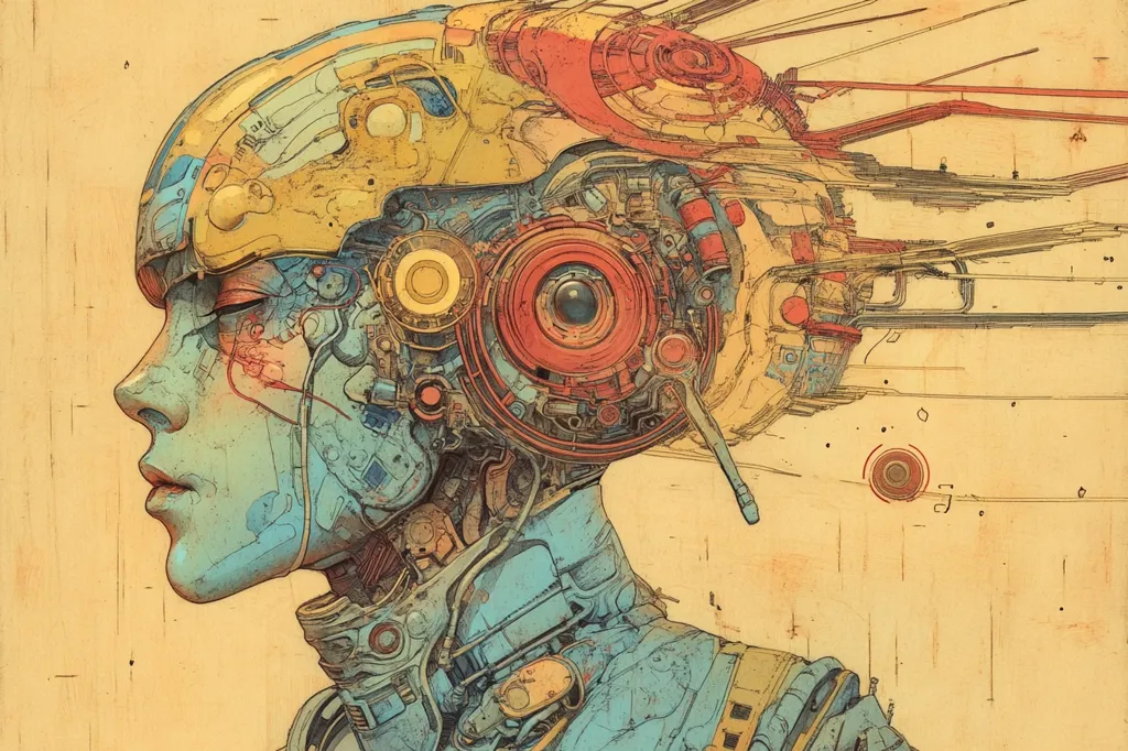 The image is a detailed, stylized illustration of a cyborg's head. The cyborg's face is partly robotic, with exposed gears and wires. The background is a pale yellow with a splatter of red and black, adding a sense of depth and texture. The intricate details and muted color palette create a sense of both beauty and unease. The overall impression is one of an advanced machine, both powerful and strangely human.