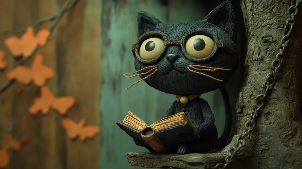 A black cat with large round glasses sits on a tree branch, holding a book in its paws. The cat is made of clay and has a whimsical, almost cartoonish appearance. The background is a rustic wooden wall with orange butterflies. The cat's large, round eyes and the whimsical setting create a sense of wonder and curiosity.