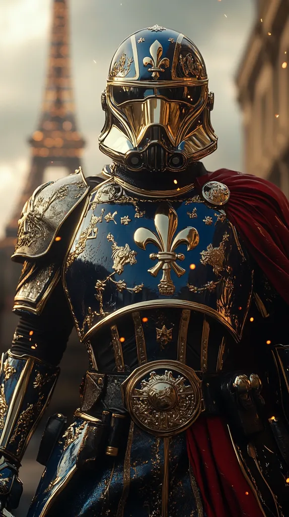 A knight stands in front of the Eiffel Tower, adorned in ornate, gold-trimmed armor. His helmet features a blue and gold design with a fleur-de-lis, symbolizing French royalty. He wears a dark blue and gold breastplate with a prominent fleur-de-lis, a red cloak, and a gold belt buckle. The knight's appearance suggests both power and sophistication, blending historical and futuristic elements.
