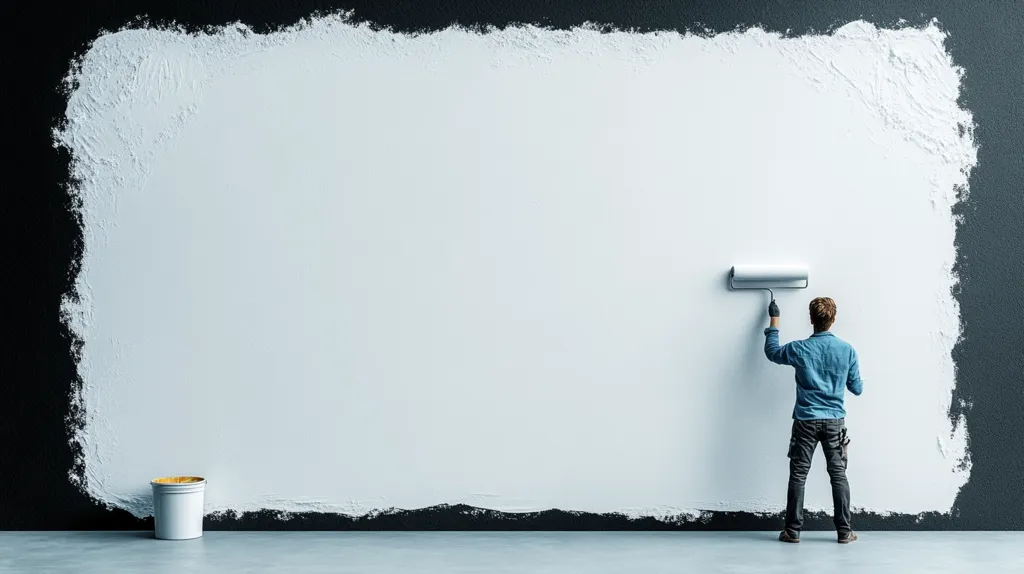 A man paints a large white wall with a paint roller. The wall is mostly white, with a black border.  The man is facing away from the viewer and is wearing a blue shirt and black pants. A paint can sits on the floor in the foreground. The image is a minimalist representation of the process of painting.  The white wall suggests new beginnings, a blank canvas.  The man's back to the viewer emphasizes the focus on the act of painting itself.