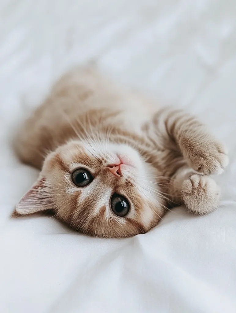A cute, fluffy, orange tabby kitten lies on its back on a white bed, looking up at the camera with big, bright eyes. Its paws are tucked in, and its soft fur is visible. The kitten's innocent expression and playful pose create a heartwarming image. The white background accentuates the kitten's color and cuteness.