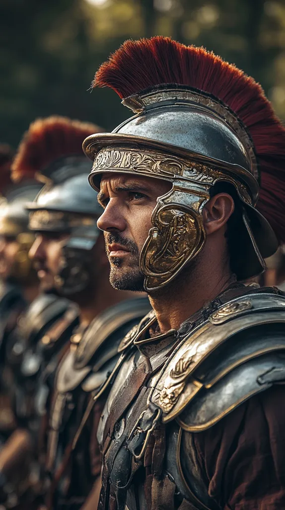 A Roman soldier, clad in a helmet with a red plume and ornate armor, stands in a line of soldiers. He gazes off to the side with a determined expression. The intricate details of his armor and the depth of his gaze suggest a sense of strength and unwavering purpose. The blurred background and close-up framing emphasize the soldier's individuality and his focus on the task ahead.