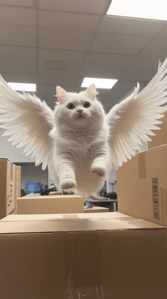 A white cat with large, feathery wings is floating in mid-air, looking directly at the camera. The cat has a surprised expression and is set against a backdrop of cardboard boxes in an office environment. The wings are outstretched and appear to be made of feathers. The cat's fur is fluffy and white. The image is humorous and playful, suggesting that the cat is a mischievous or angelic creature.