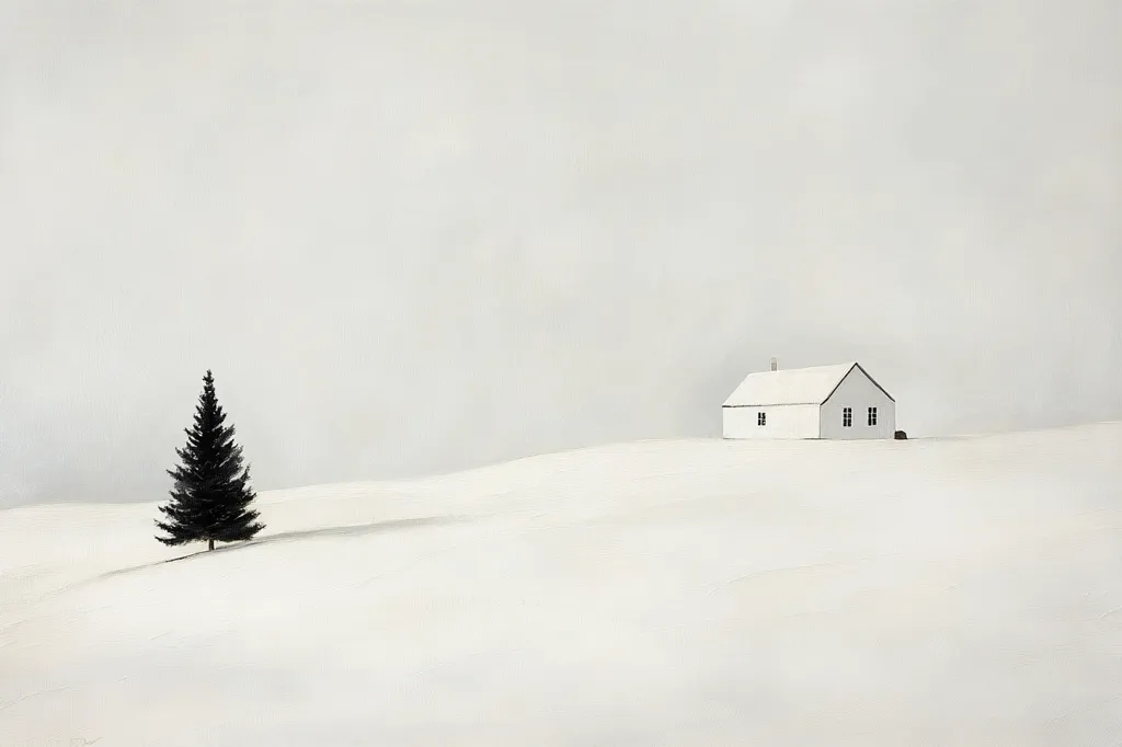 The image depicts a minimalist scene of a small white house with black windows, nestled in a snow-covered landscape. A single dark green tree stands in the foreground, adding a touch of contrast to the otherwise white expanse. The sky is a pale gray, creating a sense of tranquility and isolation. The simplicity of the scene invites contemplation and a sense of calm.