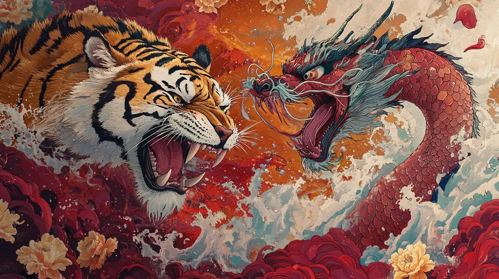 The image is a vibrant, detailed painting of a tiger and a dragon facing off against each other. The tiger is on the left, snarling with its teeth bared. The dragon is on the right, also with its mouth open and fangs visible. The background is a swirling mix of orange, red, and white, suggesting a dynamic and chaotic scene. The tiger and dragon seem to be locked in a fierce battle, representing the clash of two powerful forces.