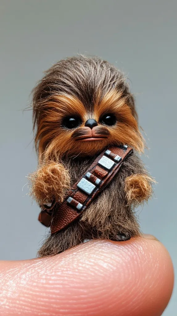 A small, furry Chewbacca figure sits on a finger.  The figure is detailed, with brown fur, a black nose, and a leather bandolier. The figure's large eyes stare directly at the camera. The background is a simple, light grey.