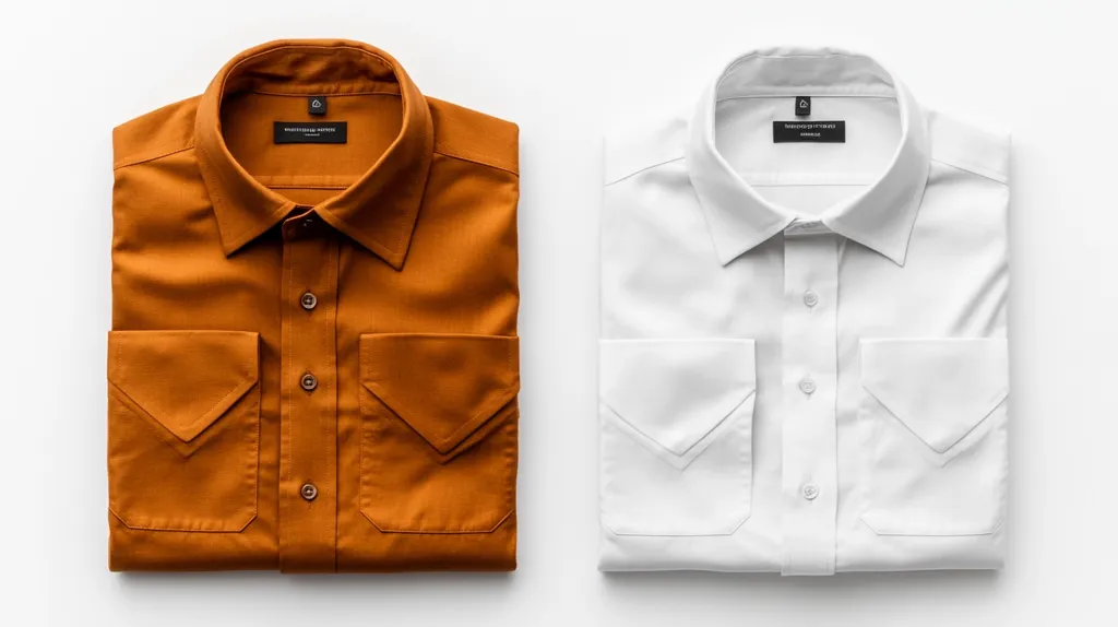Two folded button-down shirts, one orange and one white, are laid out on a white surface. Both have flap pockets and small black brand labels.  They appear to be the same style, likely long-sleeved. The minimalist design and the contrasting colors make for a clean and stylish aesthetic.