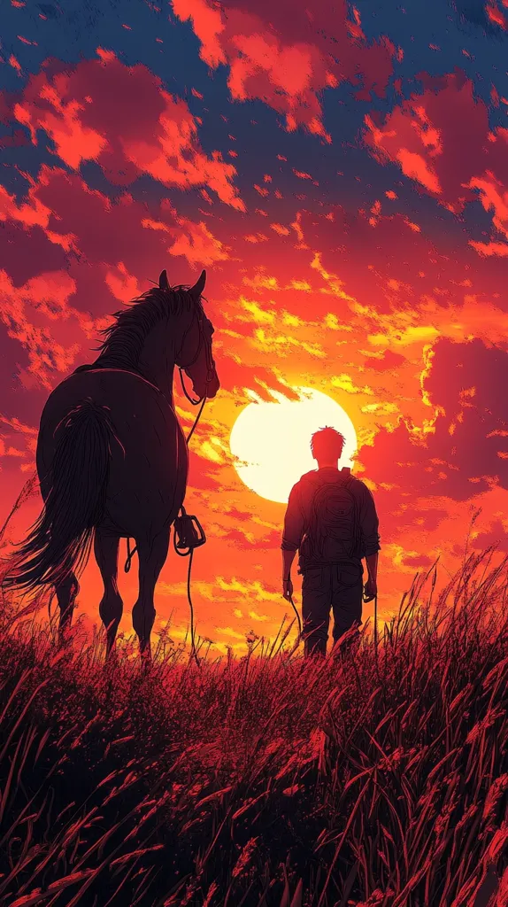 A lone man stands in a field of tall grass, silhouetted against a fiery sunset. He leads a horse by a rope, its head lowered. The sky is ablaze with red, orange, and yellow hues, with a large, glowing sun in the center. The image evokes a sense of solitude and adventure, as the man journeys into the unknown.
