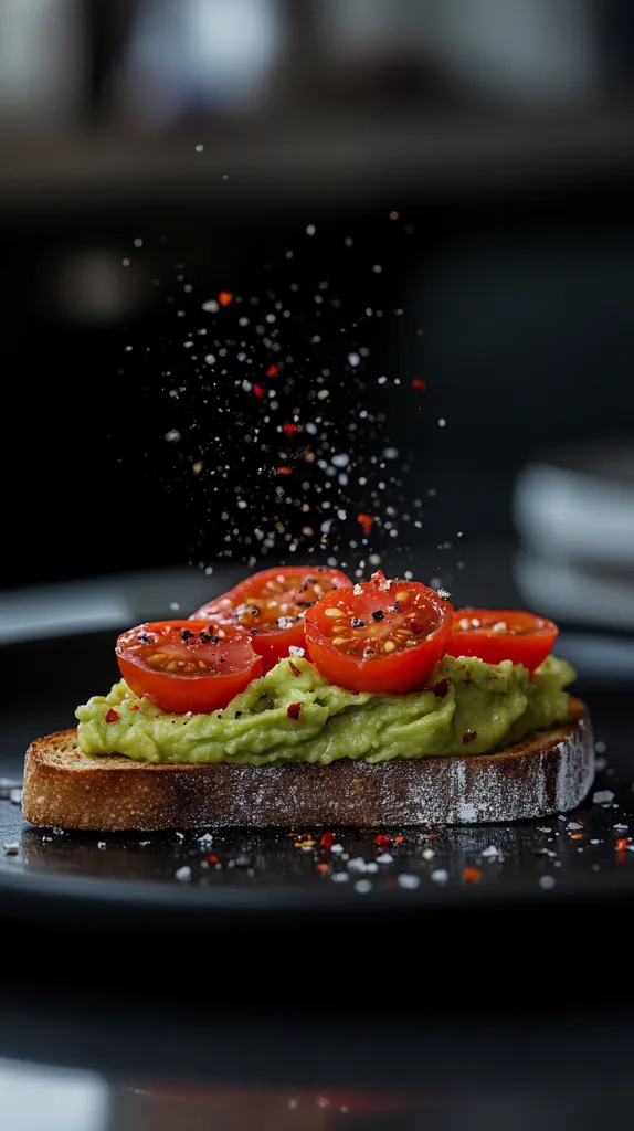 A close-up of avocado toast topped with halved cherry tomatoes and sprinkled with spices. The toast is on a black plate with a dark background, and there is a blurry background with a sprinkle of red pepper flakes.  The image is focused on the toast, showcasing the vibrant green avocado and the bright red tomatoes.