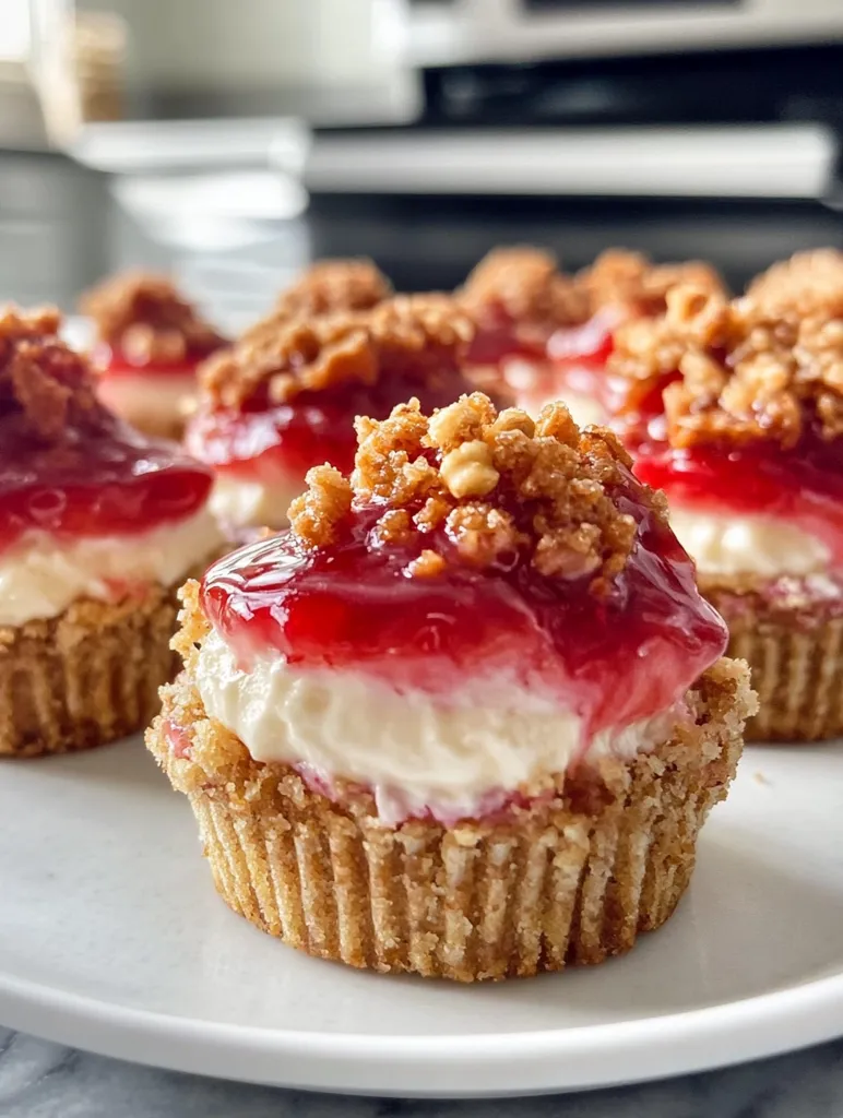A close-up shot of a plate of mini cheesecakes topped with a layer of red jelly and a crumbly topping. The cheesecakes are arranged in a circle on a white plate. They have a creamy white filling, a layer of bright red jelly, and a crunchy crumble topping that looks like crushed cookies or nuts. The cheesecakes are small and bite-sized, perfect for a sweet treat or dessert. The background is blurry, emphasizing the cheesecakes in the foreground.