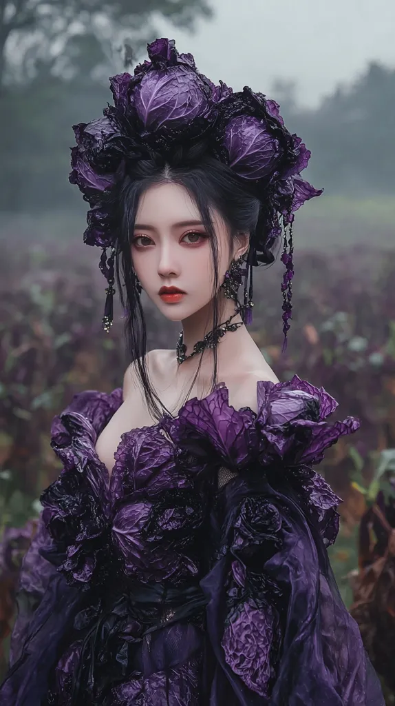 A young woman with dark hair and a delicate face wears a crown of purple cabbage leaves. Her gown is also constructed of cabbage leaves, creating a dramatic and whimsical effect. The soft lighting and muted background enhance the ethereal quality of the image.  She looks out with an introspective gaze, as if lost in thought.