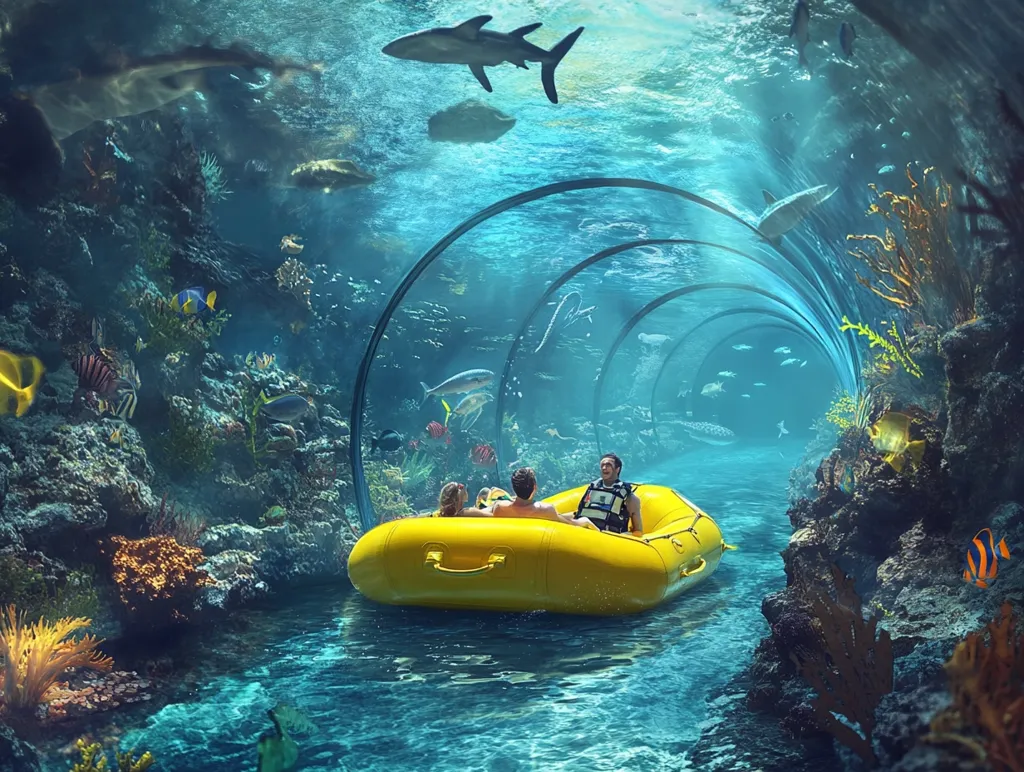 A yellow raft with three people aboard travels through a clear, underwater tunnel, surrounded by colorful coral reefs, fish, and a shark swimming overhead. The scene is vibrant and captures the thrill of an underwater adventure. The tunnel is made of glass, allowing for a panoramic view of the marine life. The raft is bobbing gently on the water, creating a sense of excitement and immersion.