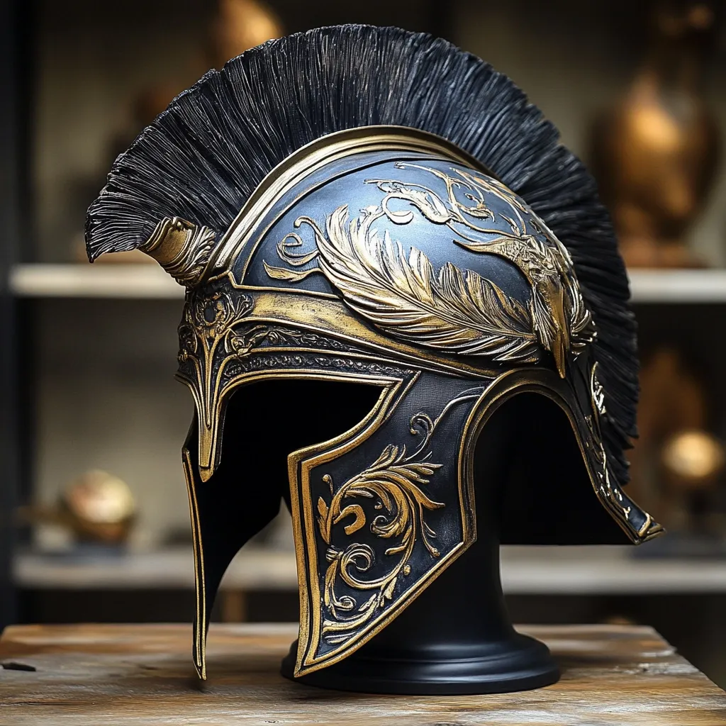 A black and gold Spartan helmet with a plume sits on a black stand. The helmet has intricate gold designs and a feathered crest. It is displayed on a wooden surface with a blurred background of shelves. The helmet has a classic design and appears to be made of high-quality materials.