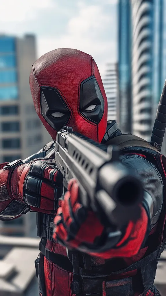 The image shows Deadpool, a superhero known for his red and black suit, aiming a large black gun. He is wearing his iconic mask and has a serious expression on his face. The background is a blurry cityscape with tall buildings. The image captures Deadpool's intense focus and dangerous nature.  The colors are vibrant and the composition is dynamic.