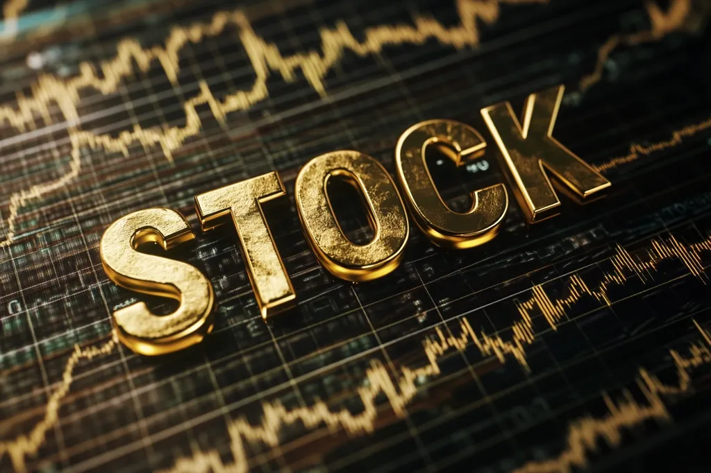 The word "STOCK" is written in large, bold, gold letters on a black background. The background is a grid with lines that resemble a stock market chart. The image evokes a sense of wealth and financial growth.