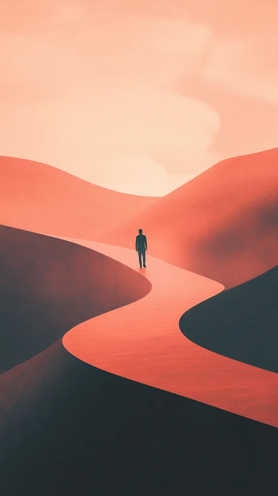 A lone figure walks along a winding path in a desert landscape. The path is a bright orange, contrasting against the dark shadows of the surrounding dunes. The sky is a soft, peachy pink, creating a sense of calm and solitude. The minimalist style of the image evokes a feeling of introspection and contemplation.