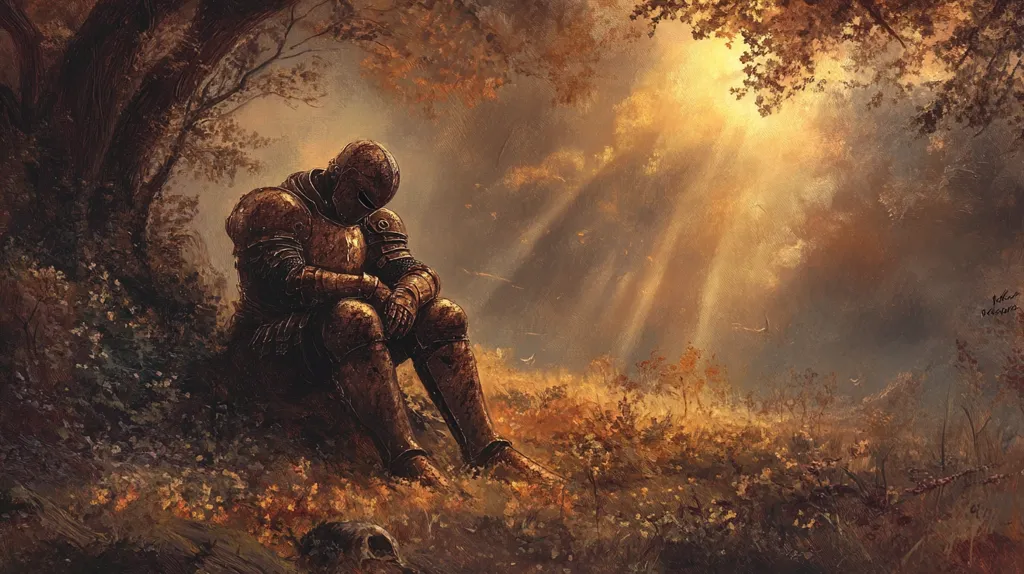 A lone knight in full armor sits dejectedly in a forest clearing, his head bowed. The sun shines through the trees, casting long shadows on the ground. The scene is one of solitude and melancholy, with the knight's posture suggesting defeat or despair. The forest itself is rendered in warm, earthy tones, creating an atmosphere of quiet introspection.