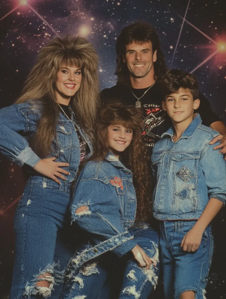 A family of four poses for a portrait in front of a starry background. The mother and daughter are wearing ripped denim jackets and jeans, while the father wears a black t-shirt and the son wears a denim jacket with jeans. They are all smiling. The photo was likely taken in the 1980s or 1990s, as the style is very reminiscent of that era.