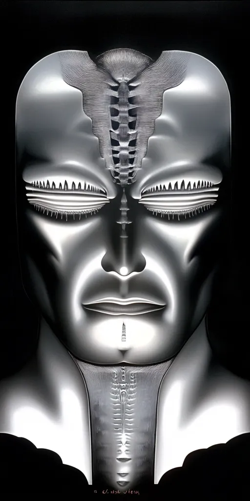 The image shows a close-up of a silver sculpture of a human face. The face is smooth and detailed, with a pronounced nose and closed eyes. The mouth is slightly open, revealing a subtle smile. The sculpture is intricately designed with a series of vertical lines running down the center of the face, possibly representing a spine or a zipper. The image has a futuristic and slightly eerie feel.