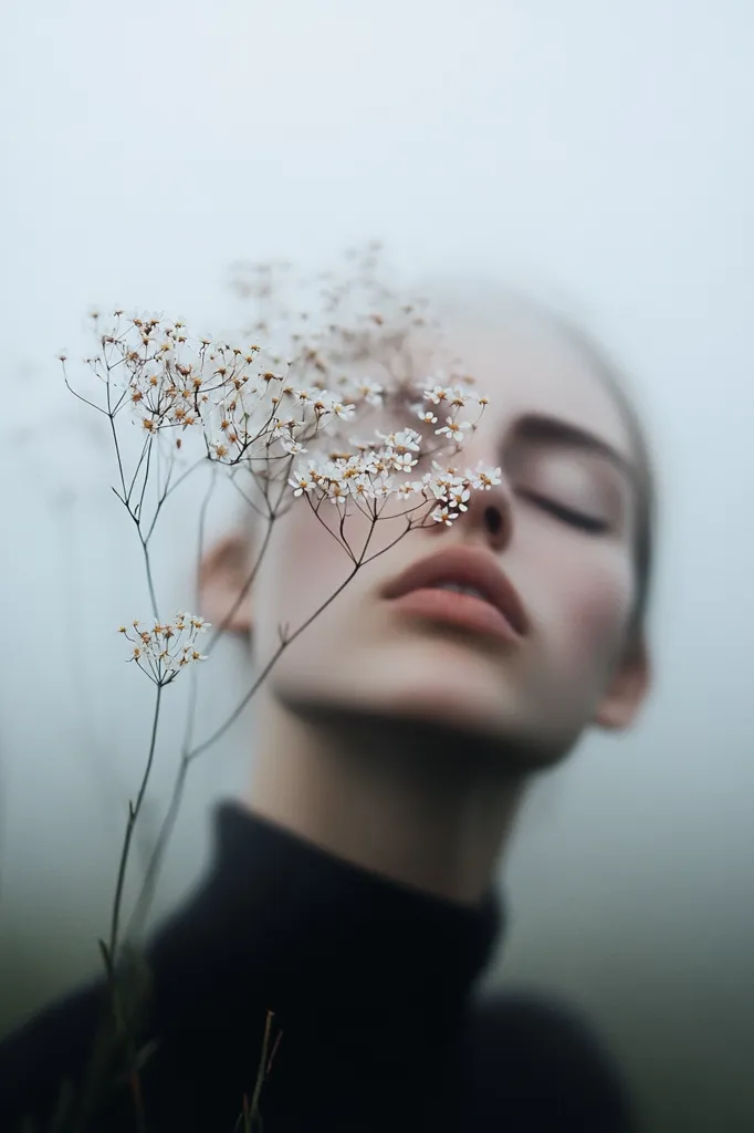 A woman with her eyes closed and lips slightly parted is framed by a delicate sprig of white flowers. The background is a soft, hazy gray, creating a dreamy and ethereal atmosphere. The woman's expression is peaceful and serene, as if she is lost in thought or experiencing a moment of tranquility. The floral arrangement adds a touch of nature's beauty to the image, highlighting the connection between the woman and her surroundings.