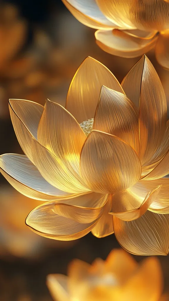 The image shows a close-up of a golden lotus flower. The flower is made of delicate petals with a soft, velvety texture. The petals are arranged in a circular pattern, creating a beautiful and symmetrical shape. The light catches the golden surface of the petals, making them shimmer and glow. The background is out of focus, creating a dreamy and ethereal effect. The image is both beautiful and elegant, showcasing the exquisite detail and craftsmanship of the flower.