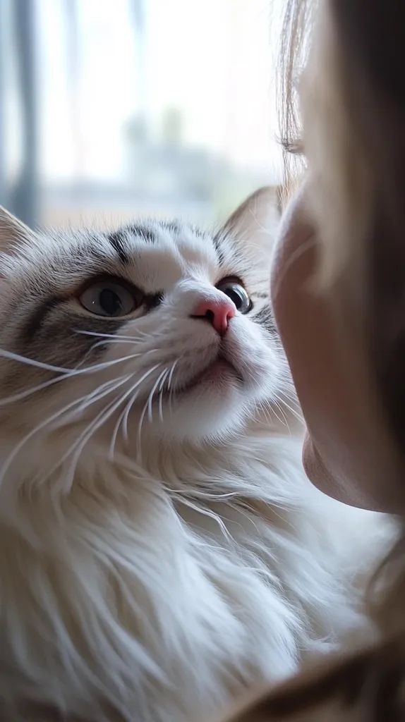 A fluffy white and grey cat with bright blue eyes looks up at the viewer, its pink nose visible. The cat's face is framed by a blurry image of a person's face, only the side profile and part of their hair are visible.  The cat's fur is soft and fluffy, and its whiskers are long and delicate. The background is out of focus, creating a soft and gentle mood.  The image captures the close bond between humans and animals.