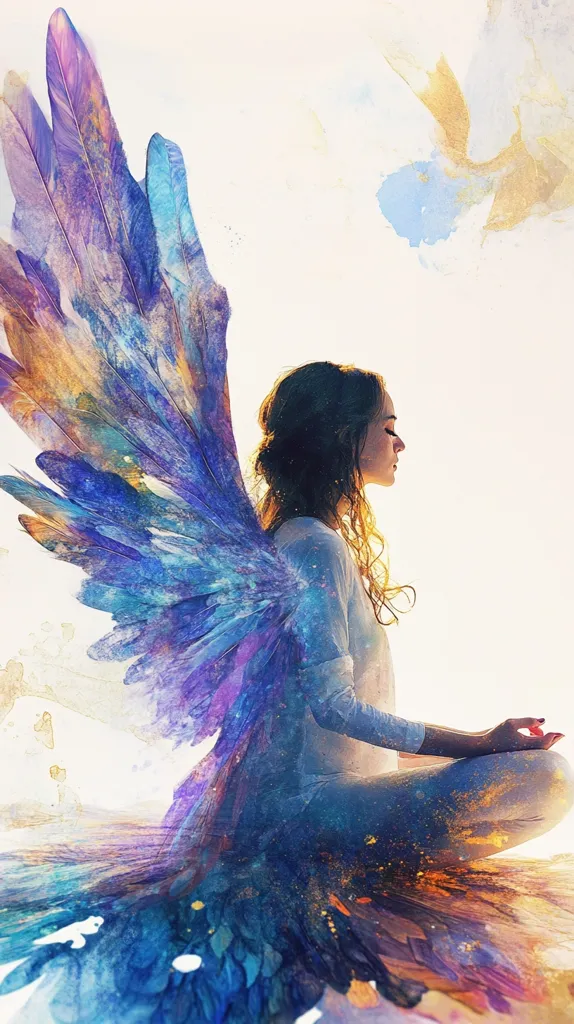 The image depicts a woman with large, iridescent wings. The wings are made of feathers that shimmer with a variety of colors, including blue, purple, and gold. The woman is sitting with her legs crossed, her eyes closed and her hands resting in her lap. She appears to be in a state of peace and meditation. The image is painted in a watercolor style, with soft, flowing brushstrokes. The overall effect is one of serenity and spiritual beauty.