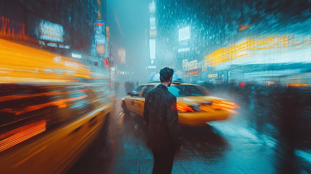 A man in a suit walks down a city street, blurred by motion. Bright lights and a yellow cab speed past him, creating streaks of color. Rain falls heavily, blurring the surrounding buildings and pedestrians. The image captures a sense of energy and movement, highlighting the hustle and bustle of city life.