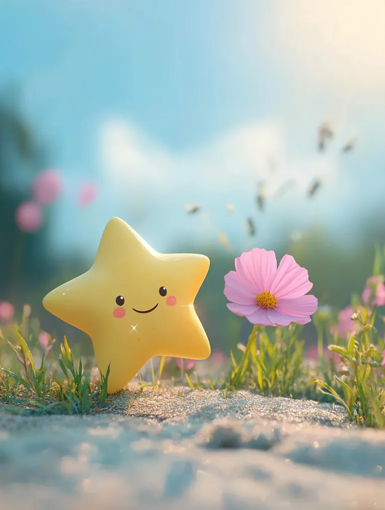 A cheerful yellow star with a smiling face stands in a field of green grass and pink flowers. The background is a soft blue sky with white clouds and the sun shining brightly. The image is soft and whimsical, evoking feelings of happiness and innocence.
