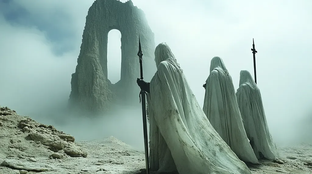 A group of four cloaked figures stand in a desolate, misty landscape.  A large, arched rock formation towers in the background.  The figures hold swords and seem to be gazing towards the arch.  The scene is mysterious and evokes a sense of anticipation.  The fog and stark colors create a haunting atmosphere.