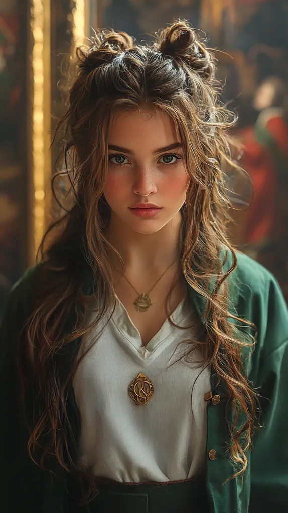 A young woman with long brown hair, styled in two buns, looks directly at the camera. She is wearing a white shirt and a dark green jacket, and a gold necklace with a pendant hangs around her neck.  The background is blurry and out of focus. The lighting is soft and warm, highlighting her features. She has a serious expression on her face.