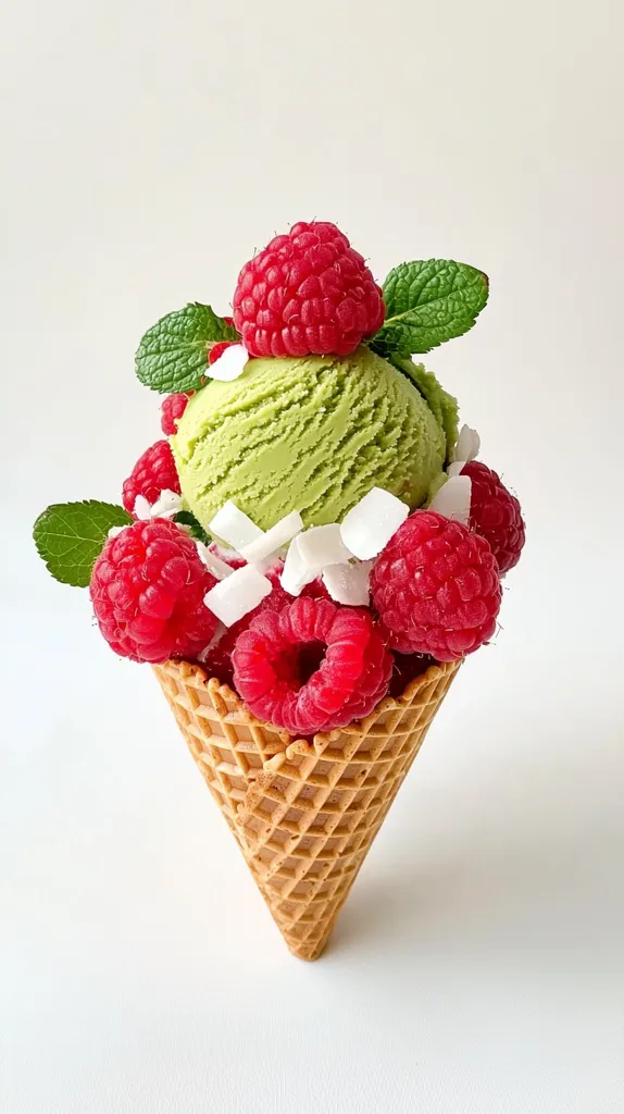 A waffle cone filled with green tea ice cream and topped with raspberries and white chocolate shavings. The ice cream is surrounded by fresh raspberries and mint leaves, creating a vibrant and refreshing summer treat.